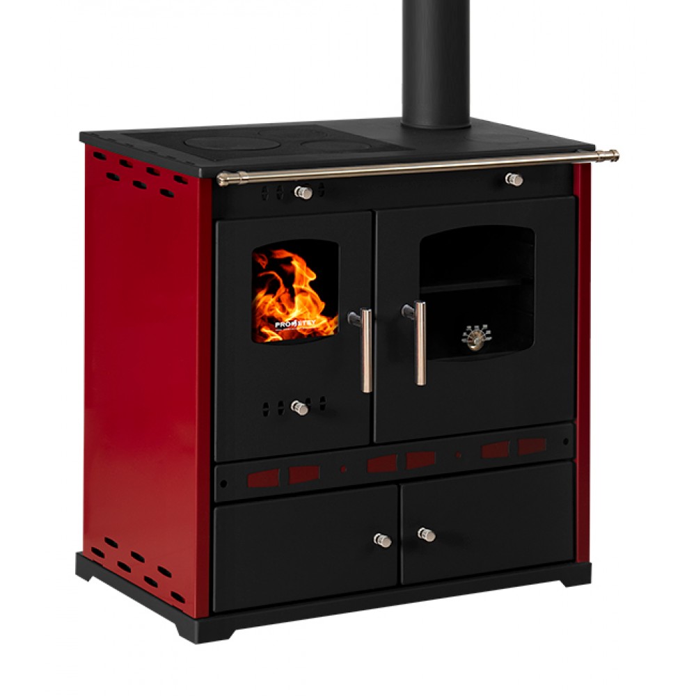 Sporák na drevo Prometey Perfect Eco Lux s vývodom dymu napravo, farba bordová, 7,5 kW | Krbové kachle s rúrou | Krbové kachle |