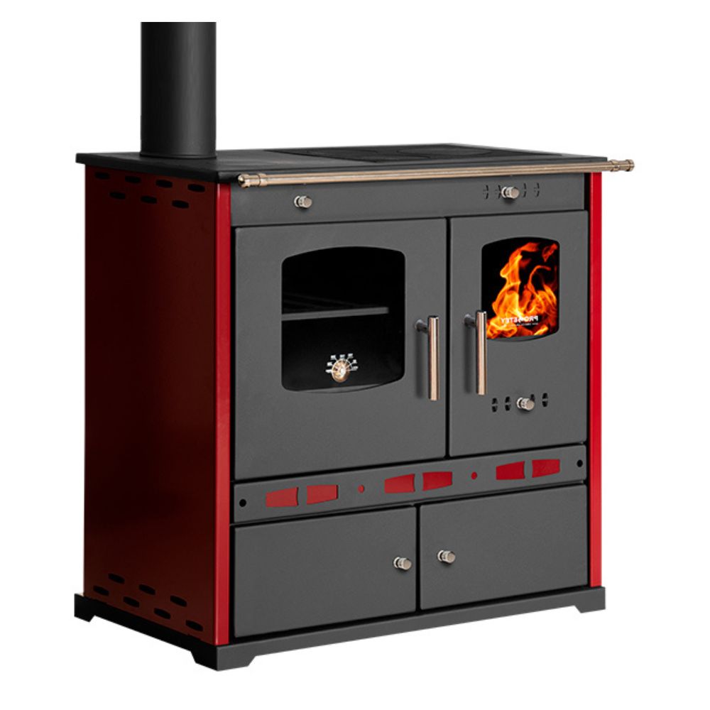 Sporák na drevo Prometey Perfect Eco Lux s vývodom dymu naľavo, farba bordová, 7,5 kW | Krbové kachle s rúrou | Krbové kachle |