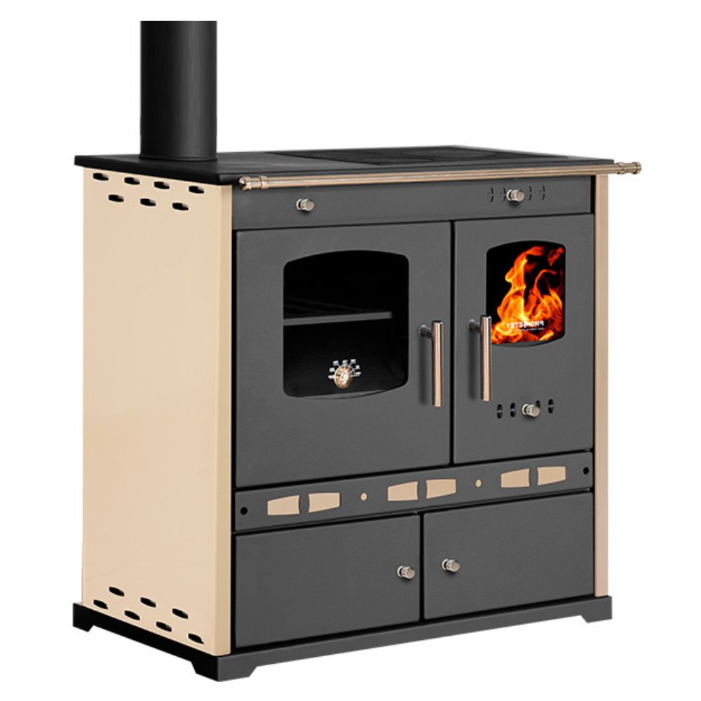 Sporák na drevo Prometey Perfect Eco Lux s vývodom dymu naľavo, farba slonovinová, 7,5 kW | Krbové kachle s rúrou | Krbové kachle |