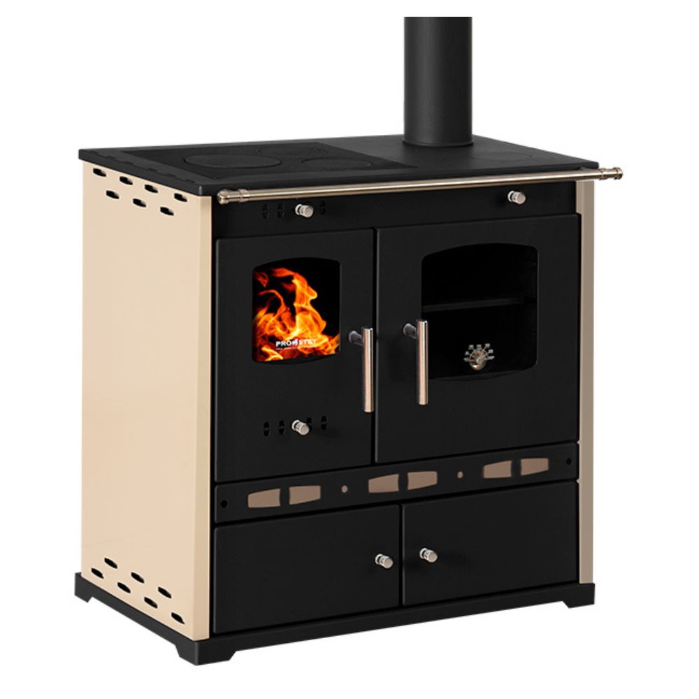 Sporák na drevo Prometey Perfect Eco Lux s vývodom dymu napravo, farba slonovinová, 7,5 kW | Krbové kachle s rúrou | Krbové kachle |