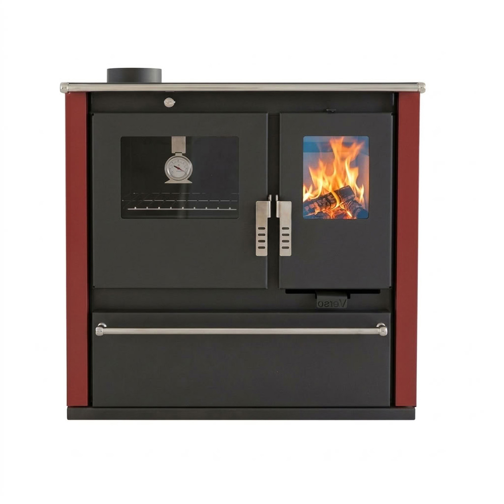 Sporák na drevo Verso CS Plus s nerezovou rúrou a sklokeramickou varnou doskou, Červený, Ľavý, 7.7kW | Krbové kachle s rúrou | Krbové kachle |