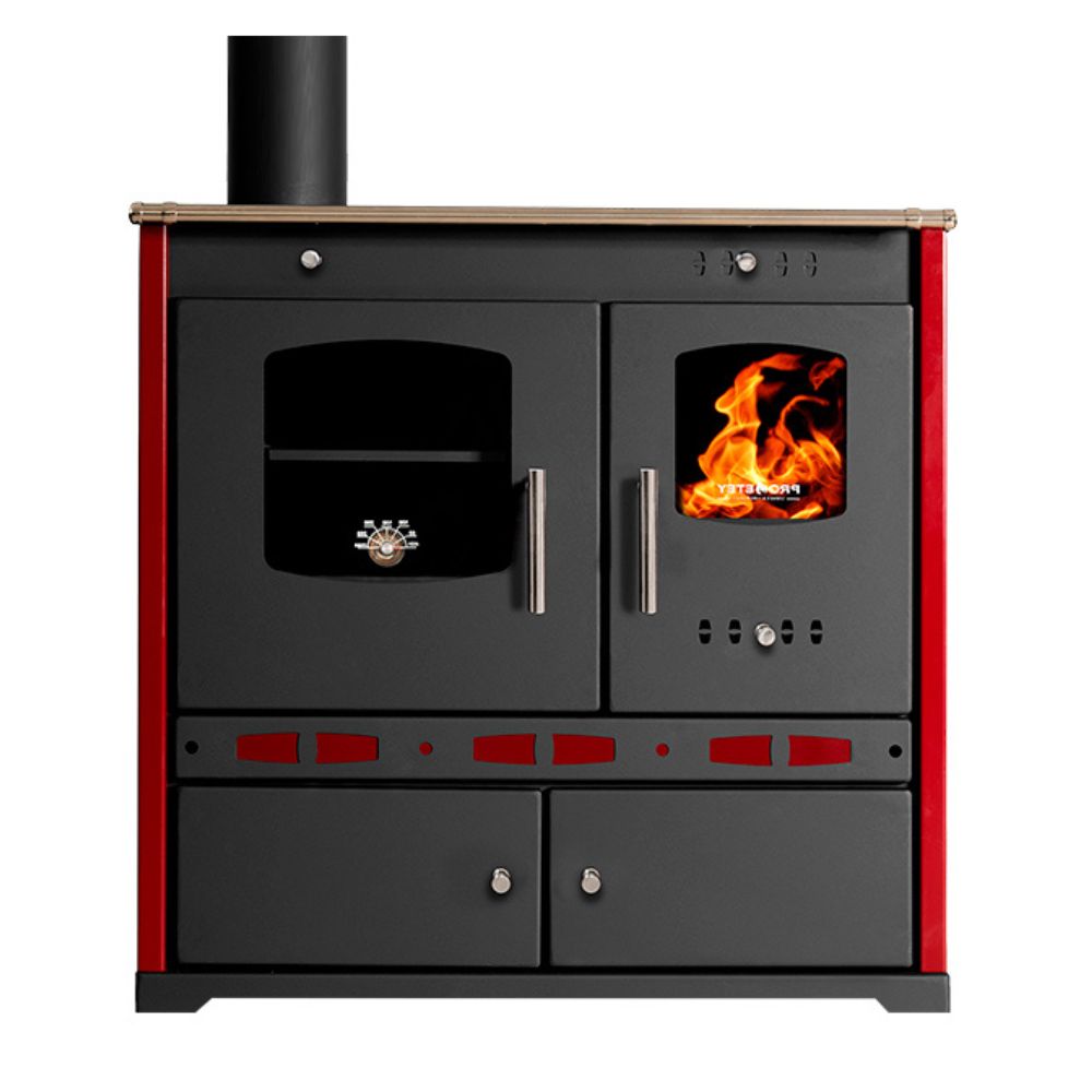 Sporák na drevo Prometey Perfect Eco Lux s vývodom dymu naľavo, farba bordová, 7,5 kW | Krbové kachle s rúrou | Krbové kachle |