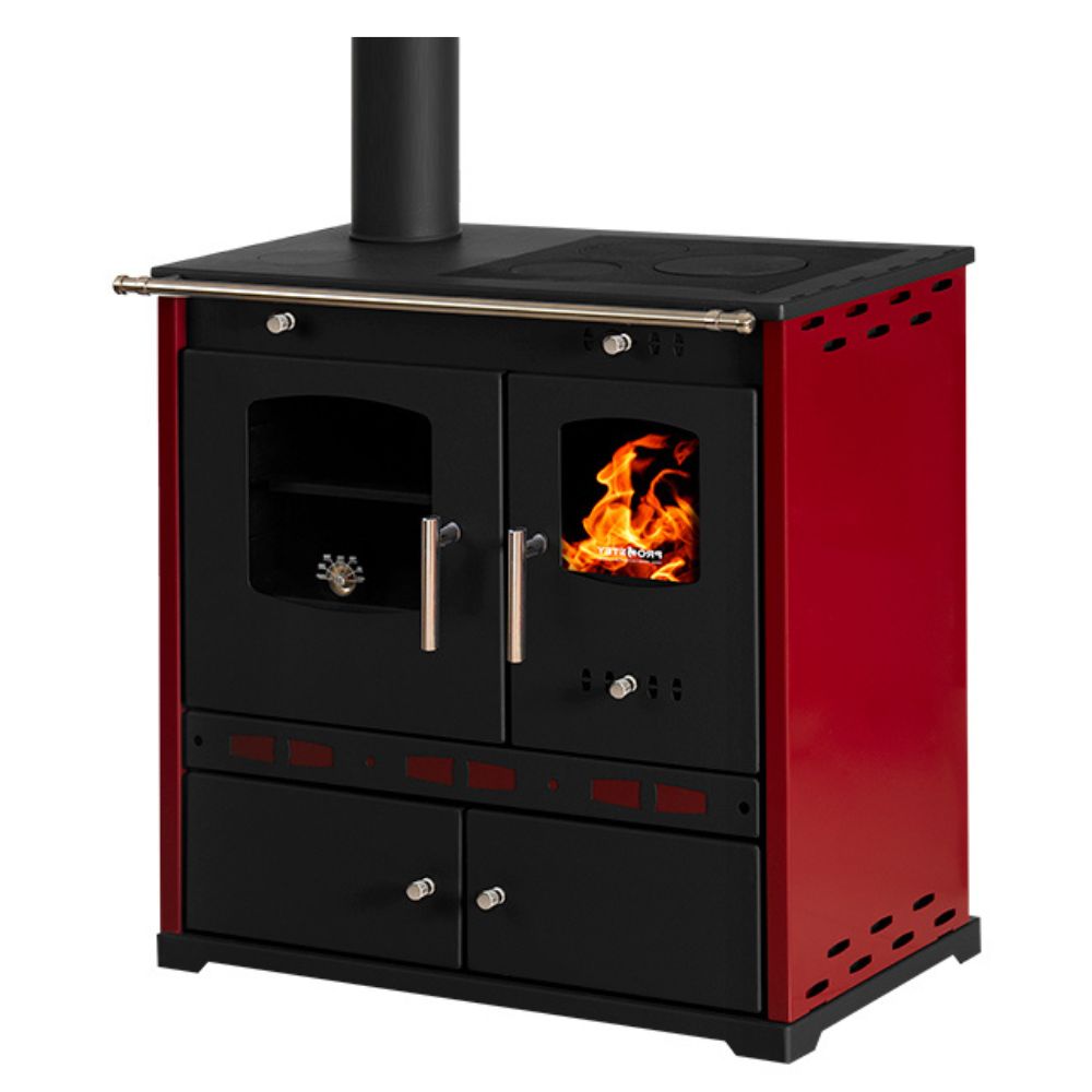 Sporák na drevo Prometey Perfect Eco Lux s vývodom dymu naľavo, farba bordová, 7,5 kW | Krbové kachle s rúrou | Krbové kachle |