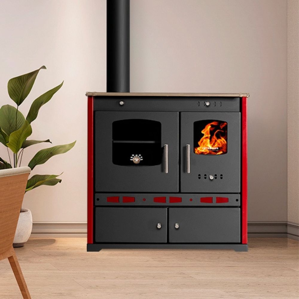 Sporák na drevo Prometey Perfect Eco Lux s vývodom dymu naľavo, farba bordová, 7,5 kW | Krbové kachle s rúrou | Krbové kachle |