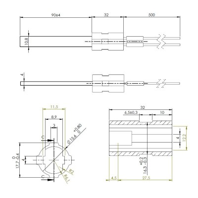 Nízkonapäťové Zapaľovač / rezistoro pre peletové kachle Eco Spar, BURNiT, MCZ, Edilkamin, Lopi, celková dĺžka 122 mm, 120W až 24V - Zapaľovače / rezistory pre peletové kachle