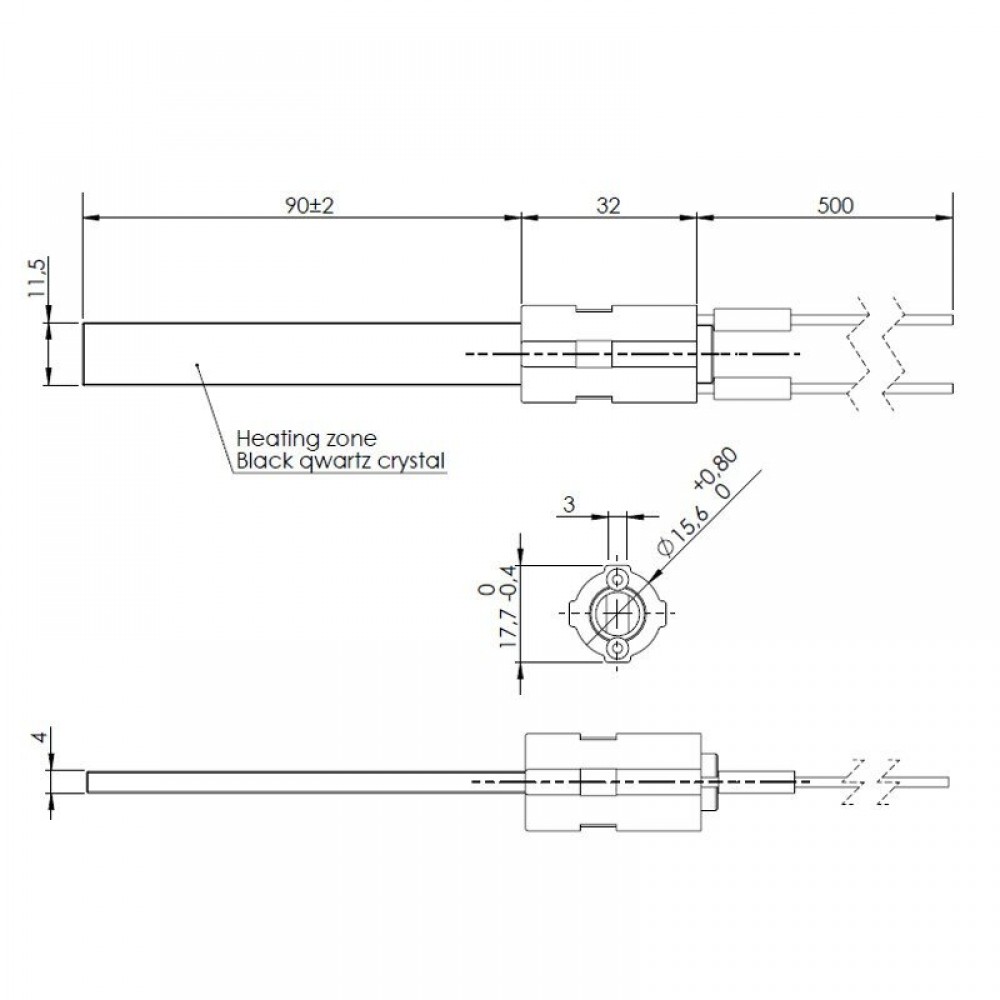 Zapaľovač / rezistor s čiernym kremenným kryštálom pre peletové kachle Eco Spar, BURNiT, Palazzetti, VistaFlame, Whitfield, Lennox, celková dĺžka 122mm, 400W | Zapaľovače / rezistory pre peletové kachle | Diely pre peletové kachle |